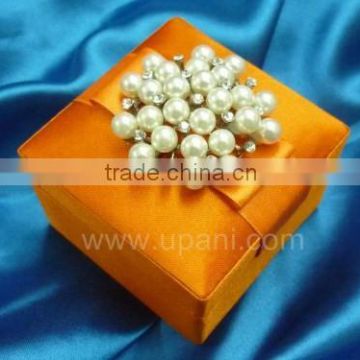 New Silk Favor Box in Orange color and pearl brooch