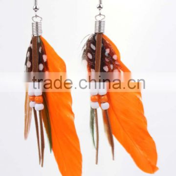 Neon color summer hot orange color Long cheap feather earring dangle drop earring for girls wholesale