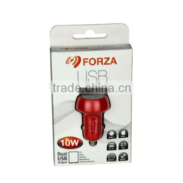 FORZA 5.0V/2.1A Dual USB Car Charger with clamshell packaging
