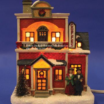 Christmas church house with LED lights  coffee shop Musical Ski Scene with  Polyresin Christmas House Decoration