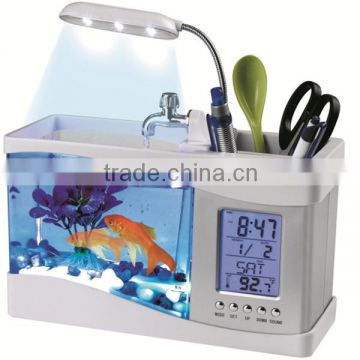 Mini fish tank USB aquarium with LED lamp clock business gift Pen Holder