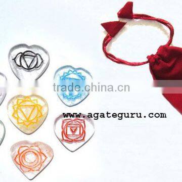 CRYSTAL QUARTZ ENGRAVE CHAKRA COLOURFUL HEART SET WITH POUCH : Wholesale Gemstone