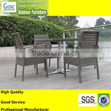 Outdoor furniture fancy weaving glass table top and stainless steel base ,garden furniture rattan dining set, table and chairs