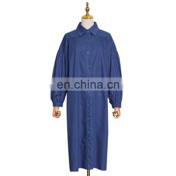 TWOTWINSTYLE Ruched Women's Dresses Lapel Lantern Long Sleeve Oversize Loose Midi