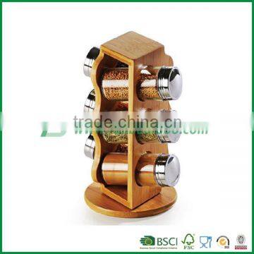 Bamboo Revolving Spice Rack with 6 glass jars