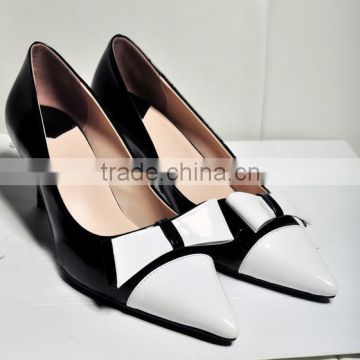 New fashion genuine leather dress shoes high heel shoes black & white pointed toe bow fashion pumps CP6671