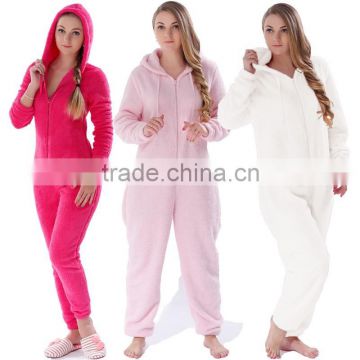 2016 Adults Women Solid Color Snuggle Fleece Sleepwear Warm Overall Pajamas Onesie With Hood