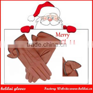 Helilai Customized Leather Gloves zipper and Bow Women Leather Gloves for Christmas Gift