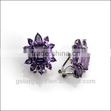 925 Sterling Silver Natural Gemstone Amethyst Rhodium Plated CZ Earrings