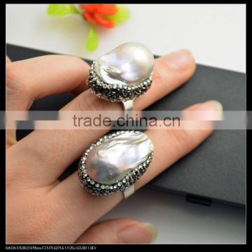 LFD-0013R ~ Wholesale For Women Freshwater Pearl Rings, Crystal Rhinestone Paved Pearl Druzy Ring Jewelry Adjustable Size