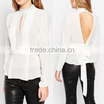 OEM wholesale 2016 lady fashion elegant long sleeve white chiffon blouse