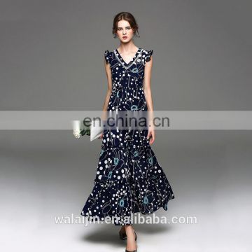 Frill neck floral print dress maxi designer dress woman