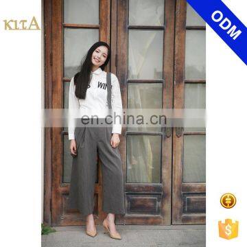 Women wide bottom gray casual pants with two braces