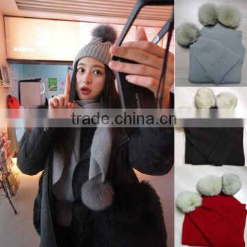2016 Winter Newest High Quality Knitted 100% Real Racoon Fur Pompom Hat and Scarf Set