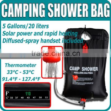 5 Gallons Solar Heating Camping Shower Bag 20L Thermometer 92-128 fahrenheit Hot Water