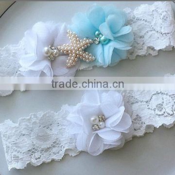 White Bridal Garter Set,Starfish Pearl Blue Chiffon Flower Garter,Sexy Wedding Garter Belt