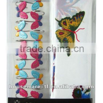 butterfly design shower curtain with 12 pcs decorative resin hooks
