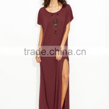 Burgundy Side Slit Loose Fit Tee Maxi Dress for woman
