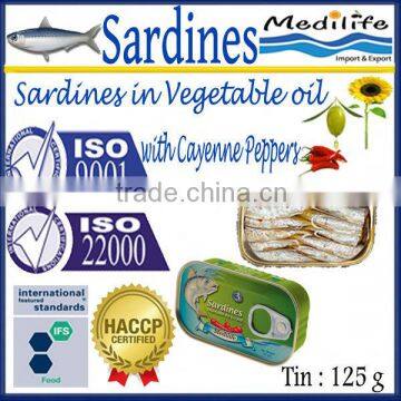 Sardines in Vegetable Oil with Cayenne Peppers,100% High Quality of Sardines Vegetable Oil with Cayenne Peppers, 125 g