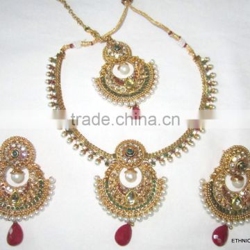 Gold plated polki maroon green Designer necklace Earring set