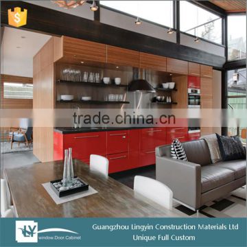 2015 Modern modular kitchen cabinet,wooden color and red color combination lacquer kitchen cabinets for dining room furniture