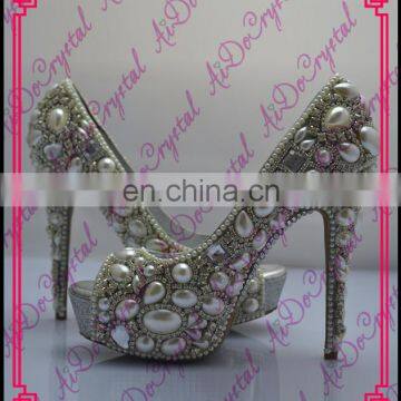 Aidocrystal Luxury custom big diamond fish mouth wedding party sandal shoes fashion white pearl high heels