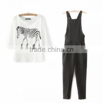OEM lady sexy casual three quarter sleeve t shirts and suspender pants set