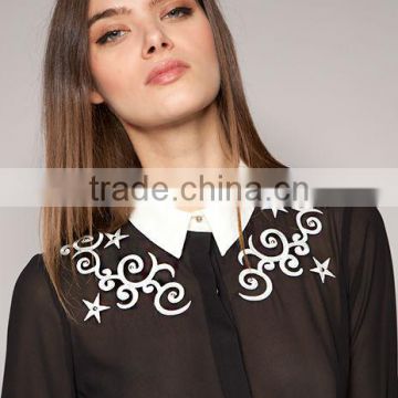 Star Black white contrast color restoring ancient ways hook flower stars embroidery long sleeve chiffon shirt
