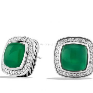 925 Silver Jewelry 11mm Albion Earring with Green Onyx and Diamonds(E-067)