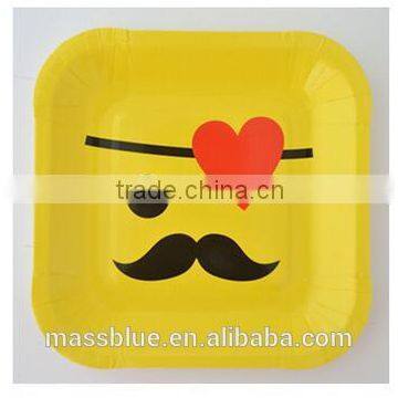 Yellow color square shape paper plate with moustache and one loving heart expression