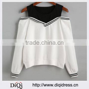 New Arrival Round Neck Cold Shoulder Varsity Striped White And Black Women Cotton Sweatshirts