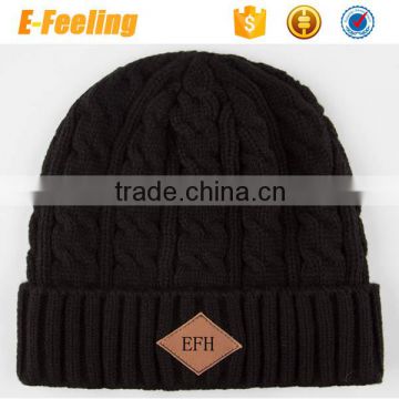 Knitted Beanie Hat/Leather Patch Beanie Hat