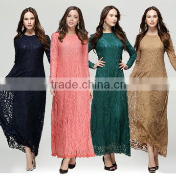 2016 Summer Fashion Women Ethnic Dress Ladies Round Neck Long Sleeve Mercerized Lining New Arrival Islamic Muslim Lace Dresses