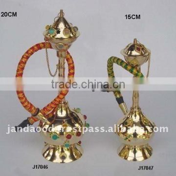 Hookah made in brass with mirror polish and green red glass ball mosaic and one out let