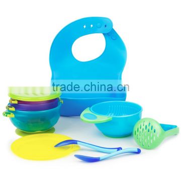 Baby Dinner Set: Suction Bowl + Food Masher + Spoon + Bib, Multiple Color, Customized Packaging, Private Label