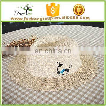 2016 new arrival straw fedora hats with cartoon embroidery
