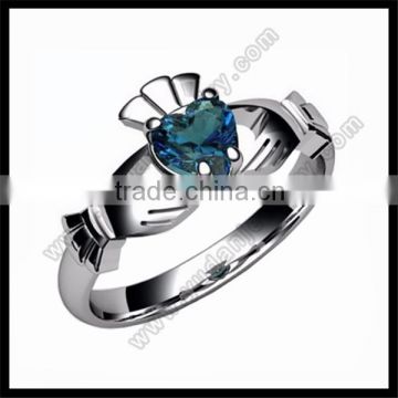 Blue Topaz artificial 14K white Gold Claddagh Ring