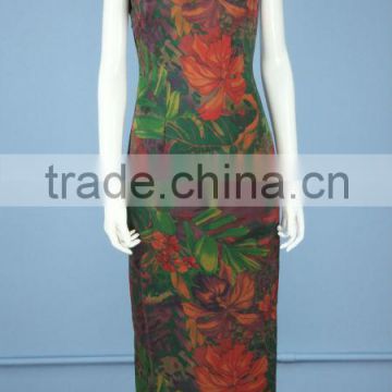 Printed Silk Sation Sleeveless Fashion Cheongsam / Qipao with Hand Made Traditional Chinese Knots QP0007