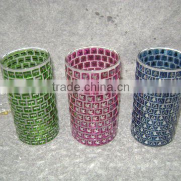 handmade cylinder glass mosaic candle holder with electroplate pattern on it, solar lamp shade, good for home decor