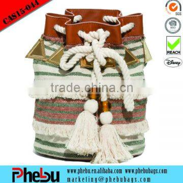 Hand-fringed vintage canvas drawstring backpack(CAS15-044)