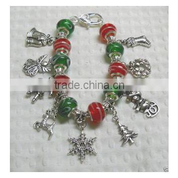 Newest December design European beads style Christmas tree,snow flake,bell and deer charm bracelet in silver plated