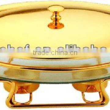 Oval food warmers with golden line stand