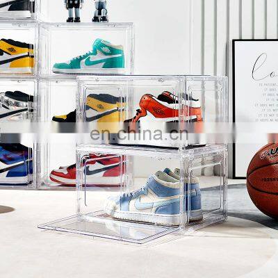 Customized Logo Side Open Folding Magnetic Shoe Box Display Organizer PET Clear Transparent Stackable Shoe Sneaker Storage Box