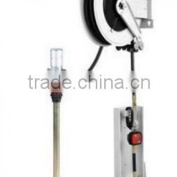 tank wall mounted oil dispenser kit with hose reel and flow meter