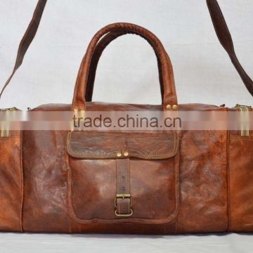 Real Goat Leather Vintage Messenger Shoulder Gym Bag Duffle Bag Vintage Travel Bag Luggage Bag