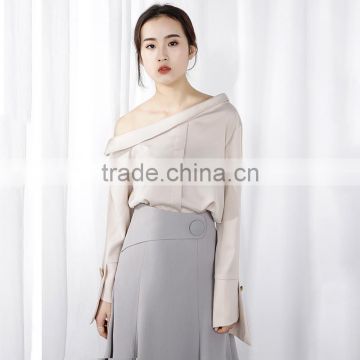 2017 autumn new style chiffon sexy collar diagonal shoulder long sleeve fashion blouse chiffon shirt