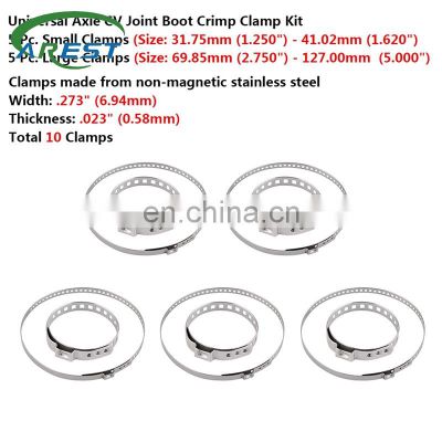 10 Pcs Clamps Stainless Steel Universal Adjustable AXLE CV Joint Boot Crimp Clamp Kit 31.75-41.02mm 69.85-127mm 5 Small +5 Big