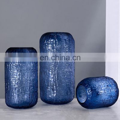 China Factory Wholesale Blue Color Ripple Flower Vase Glass Vase for Home Decoration