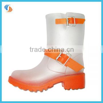 New Women White With Orange Buckle Straps PVC Transparent Rain Boots