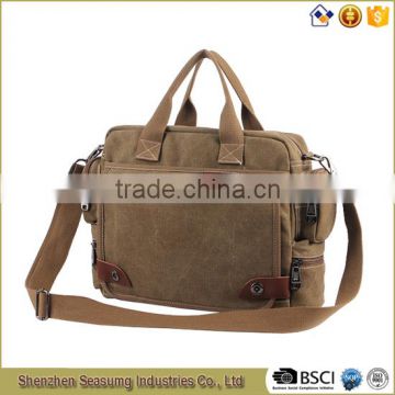 High Quality Men Canvas Business Shoulder Bag with Real Leather Trim